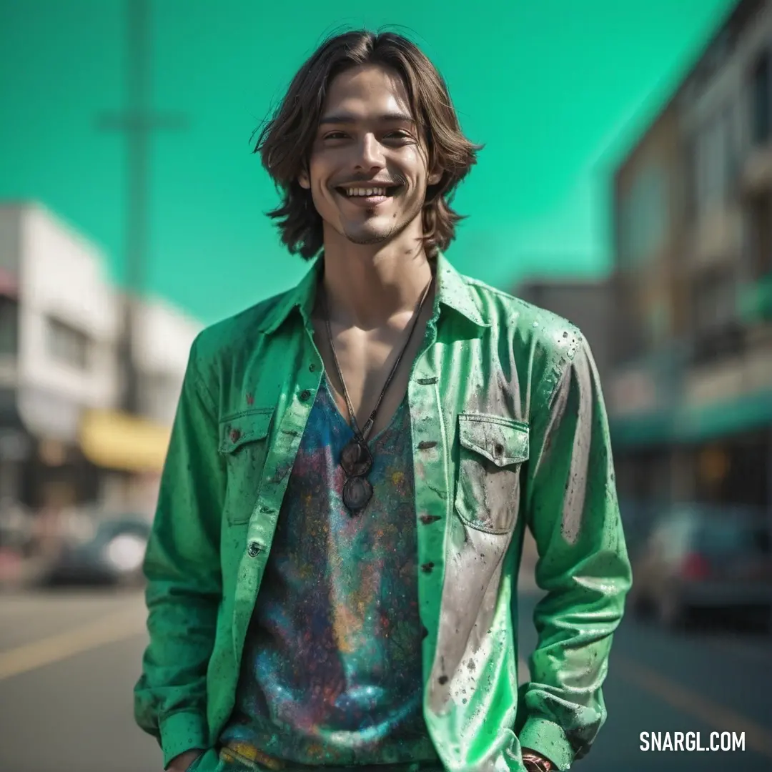 Man with long hair and a green shirt is smiling at the camera