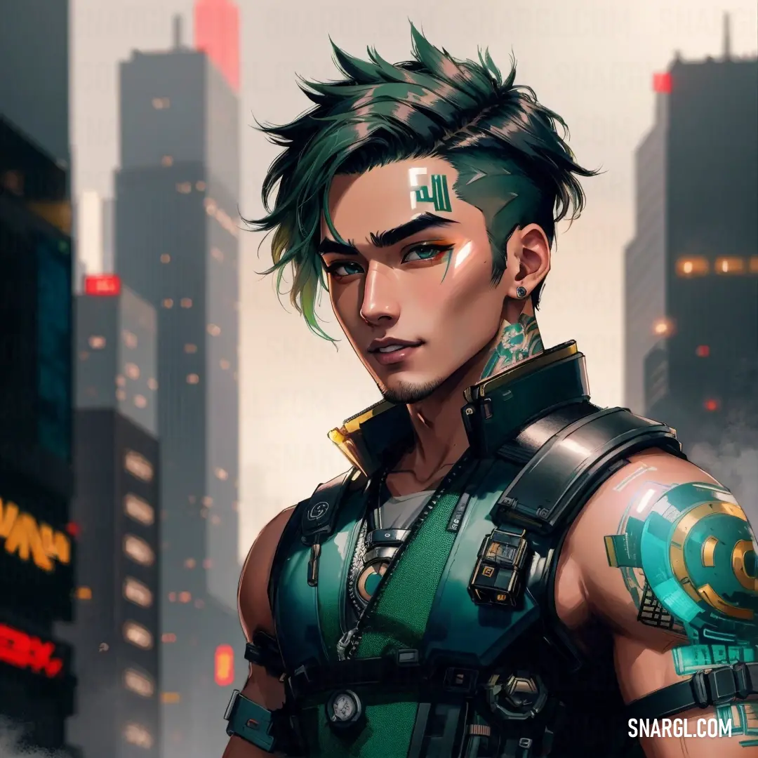 Man with green hair and piercings in a city setting with skyscrapers in the background and a cityscape in the foreground