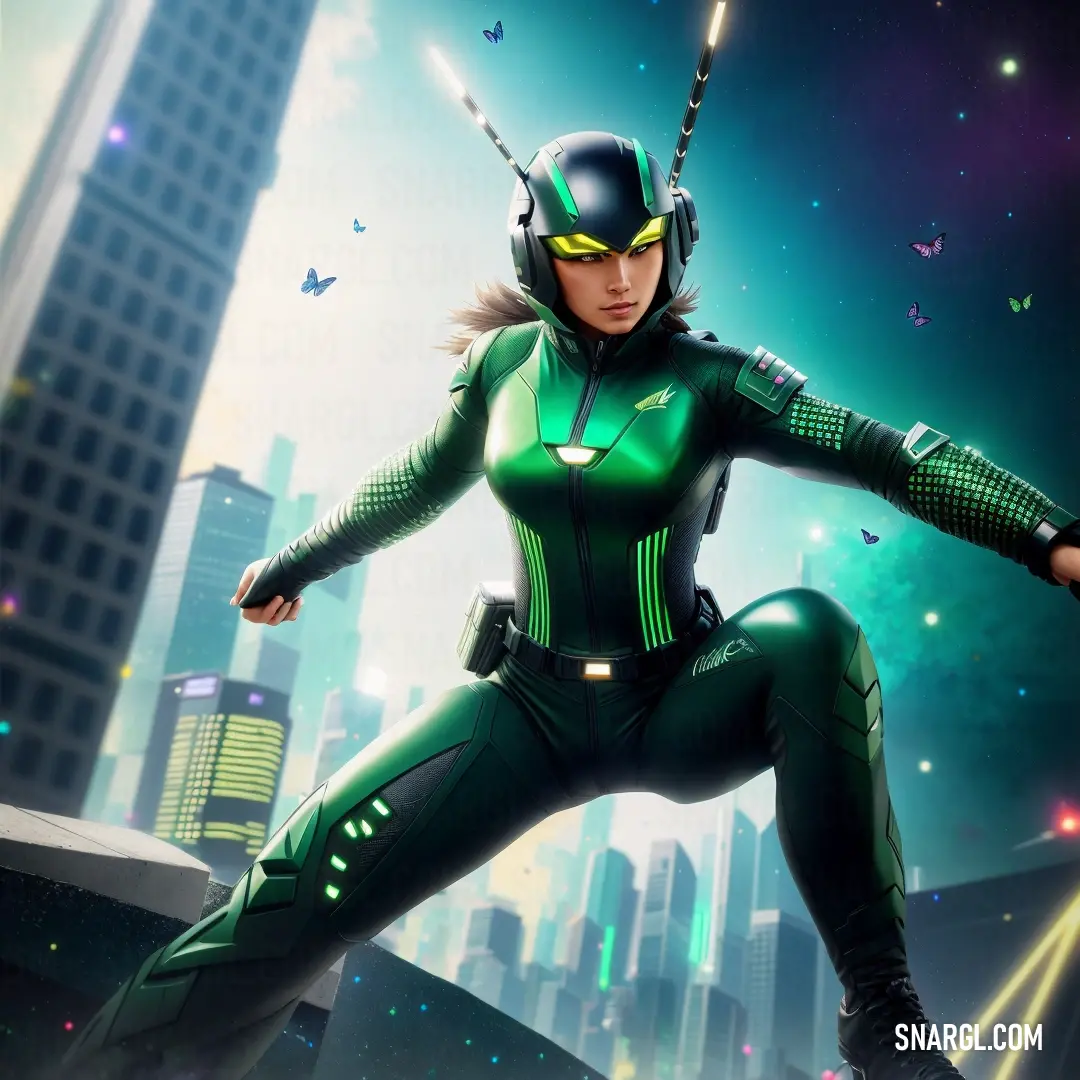 Woman in a green suit is standing on a ledge with a city in the background and a butterfly flying overhead