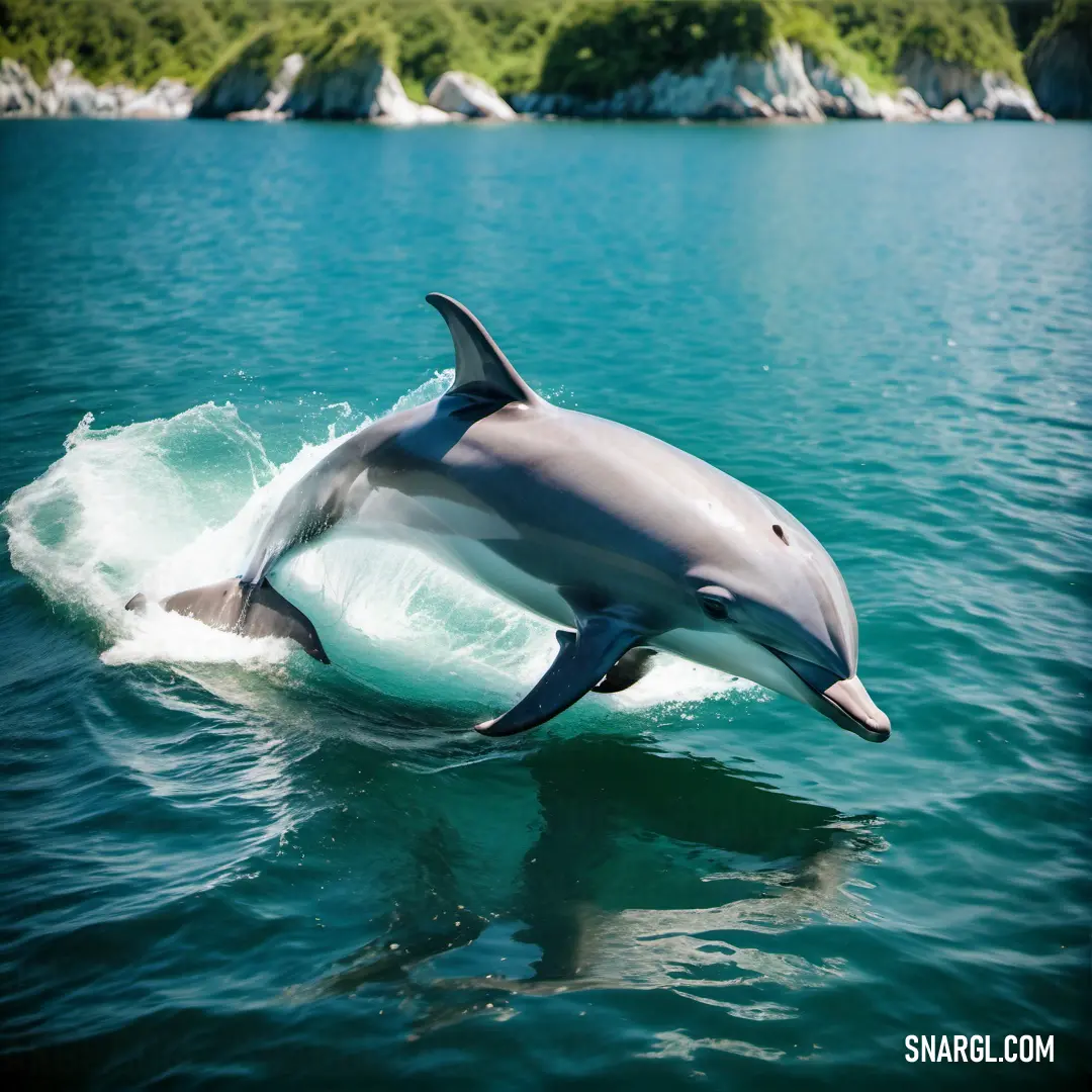 Dolphin is jumping out of the water in the ocean with a boat in the background