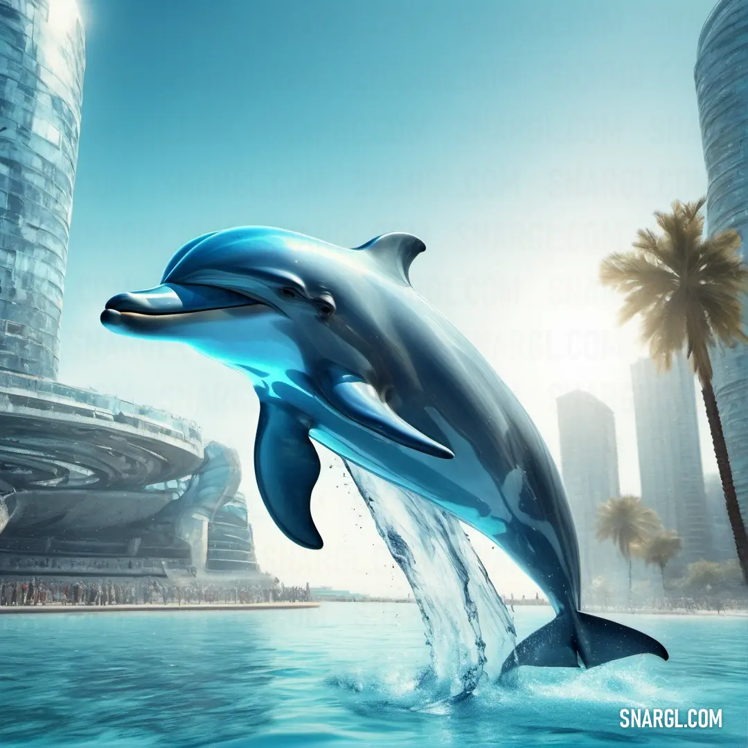 Dolphin jumping out of the water in front of a city skyline with palm trees and tall buildings in the background