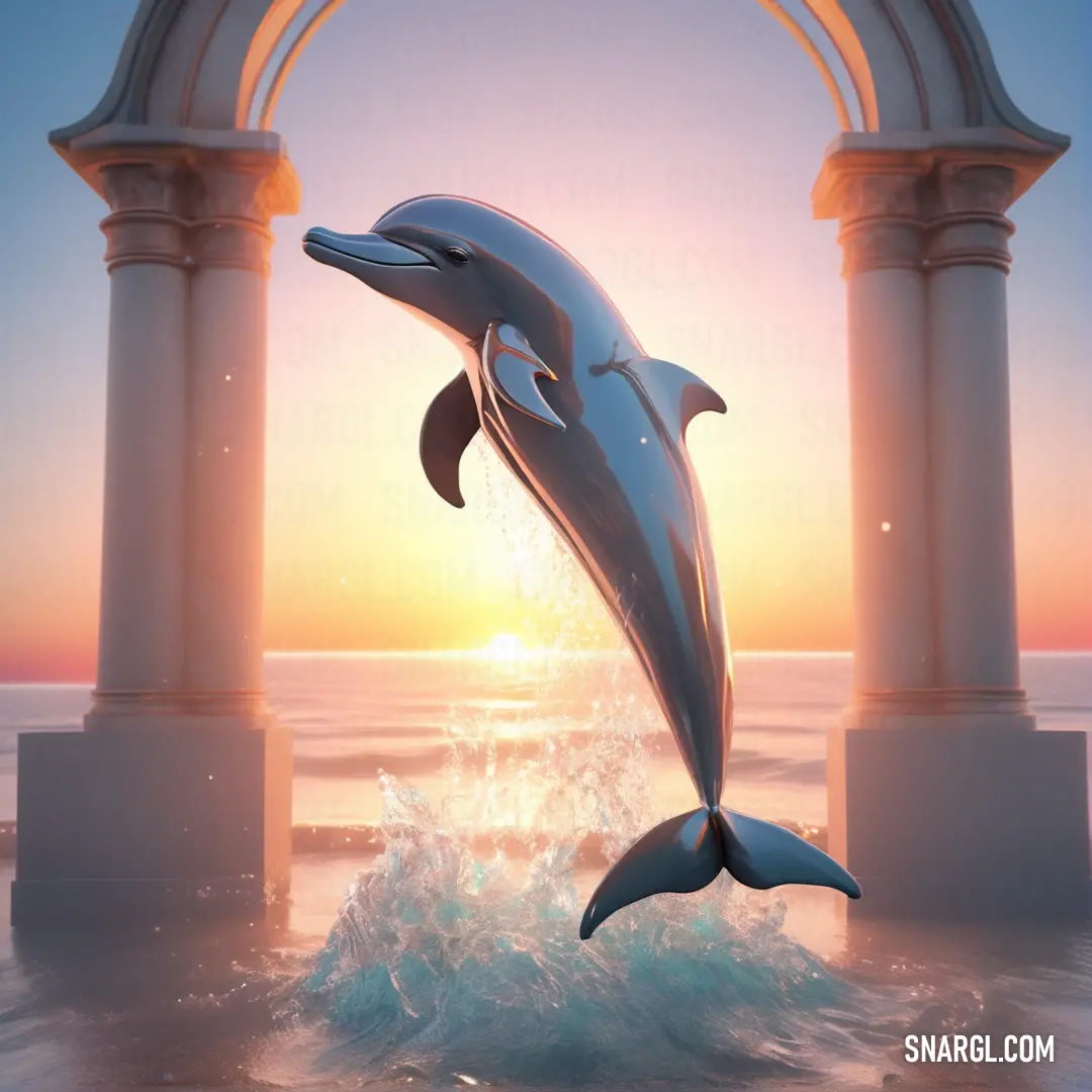 Dolphin jumping out of the water in front of a arch with a sunset in the background