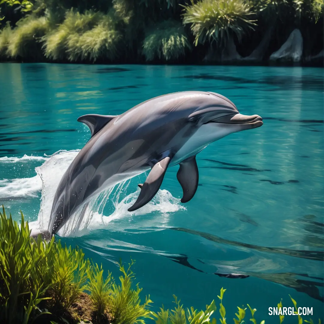 Dolphin jumping out of the water in a river with trees in the background