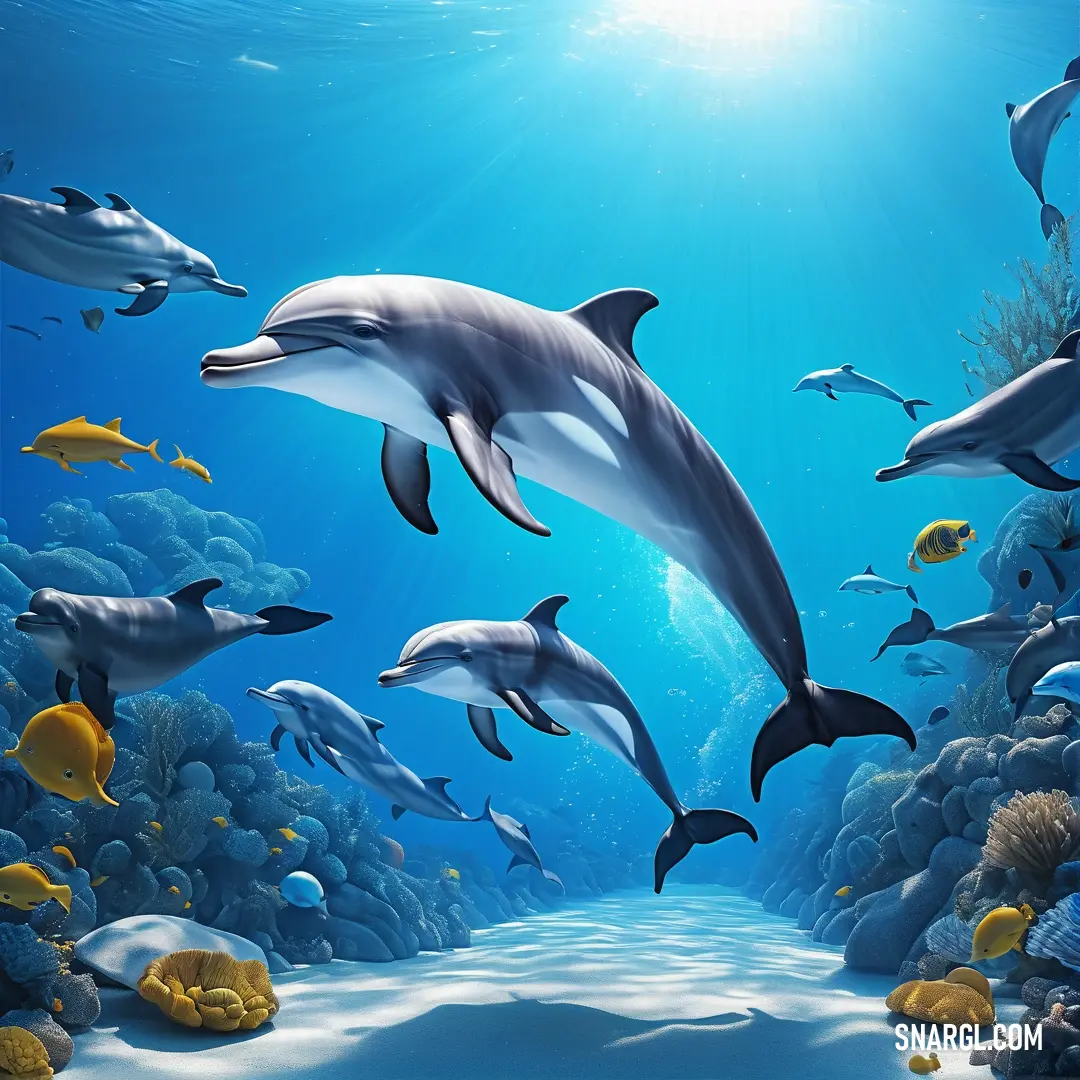 Group of dolphins swimming in the ocean with fish around them and a sunbeam in the background