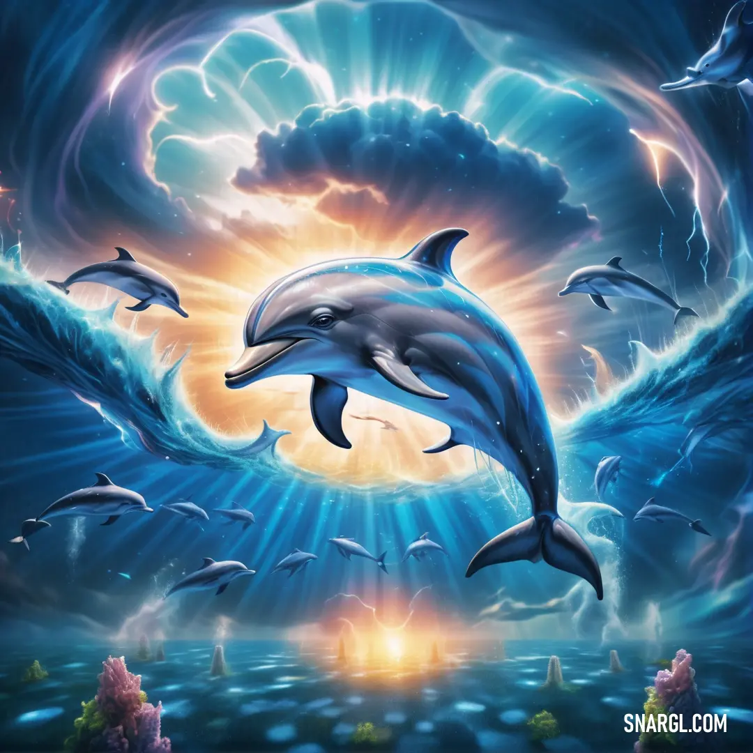 Painting of dolphins swimming in the ocean with a sun burst in the background