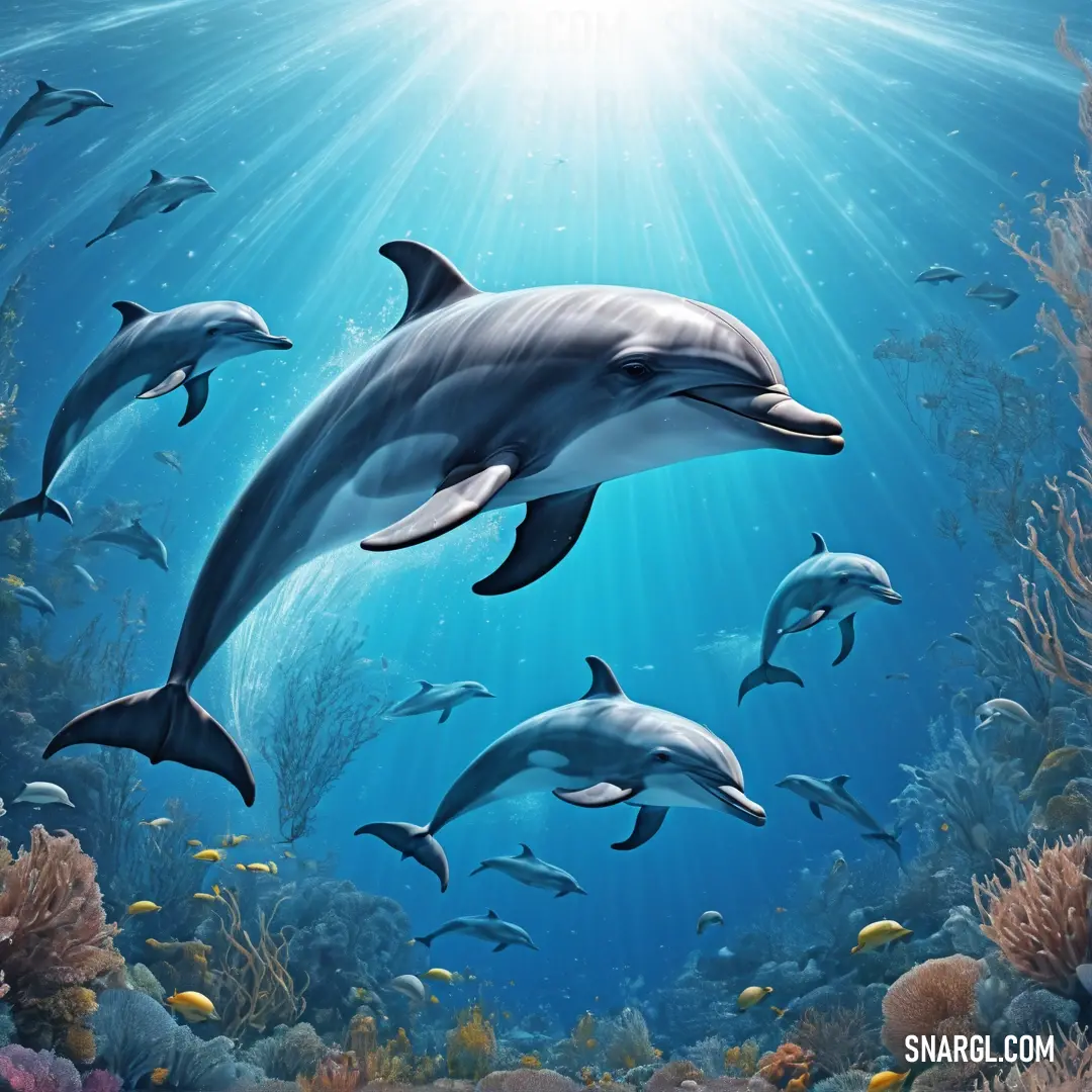 Painting of dolphins swimming in the ocean with sun shining through the water's surface and corals