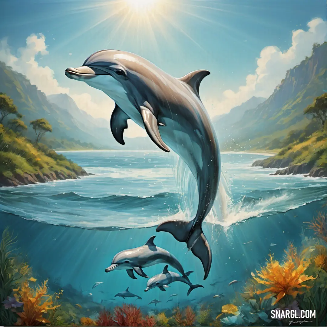 Painting of two dolphins jumping out of the water to the ocean with a sun shining above them and a mountain range in the background