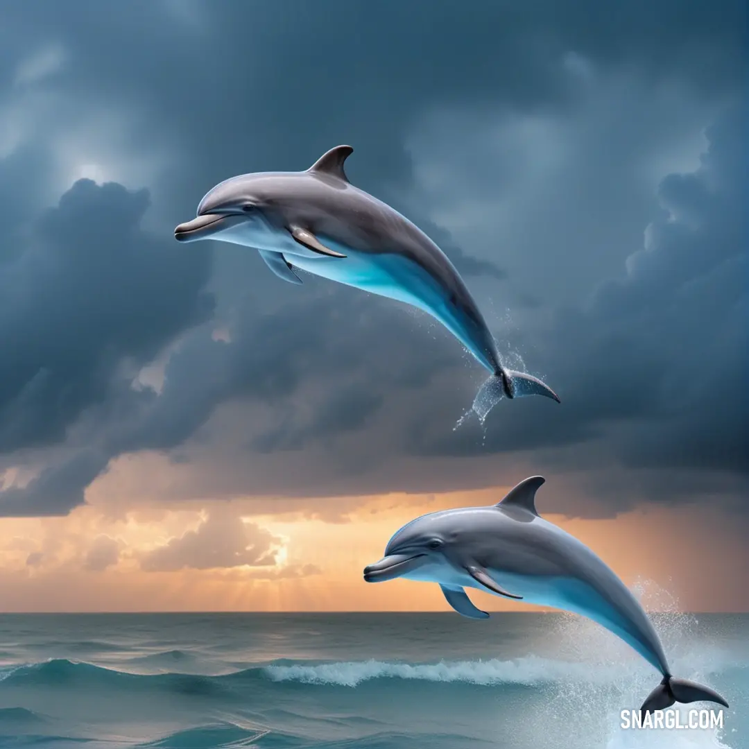 Two dolphins jumping out of the water in front of a cloudy sky and sun set behind them
