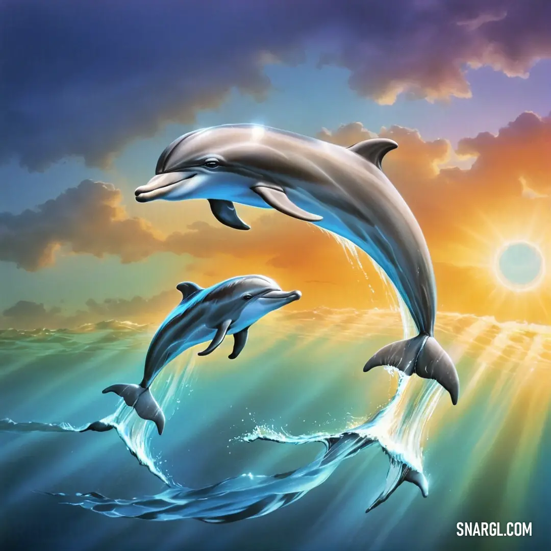 Two dolphins jumping in the air above the ocean water at sunset or sunrise or sunset
