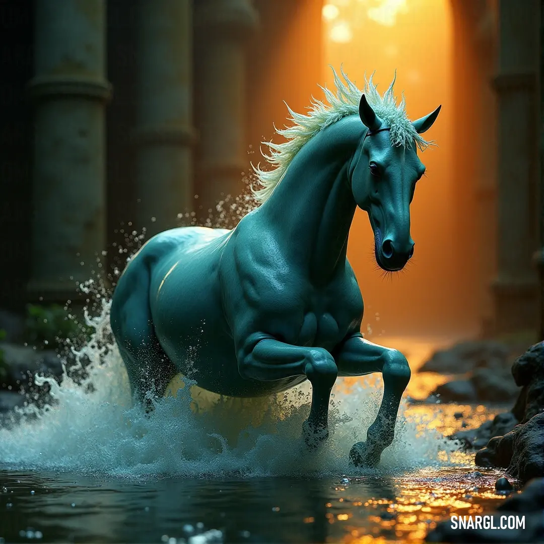 A powerful horse gallops through a shimmering body of water inside a dimly lit cave, where golden sunlight pours through gaps in the stone, casting dramatic beams across the scene.