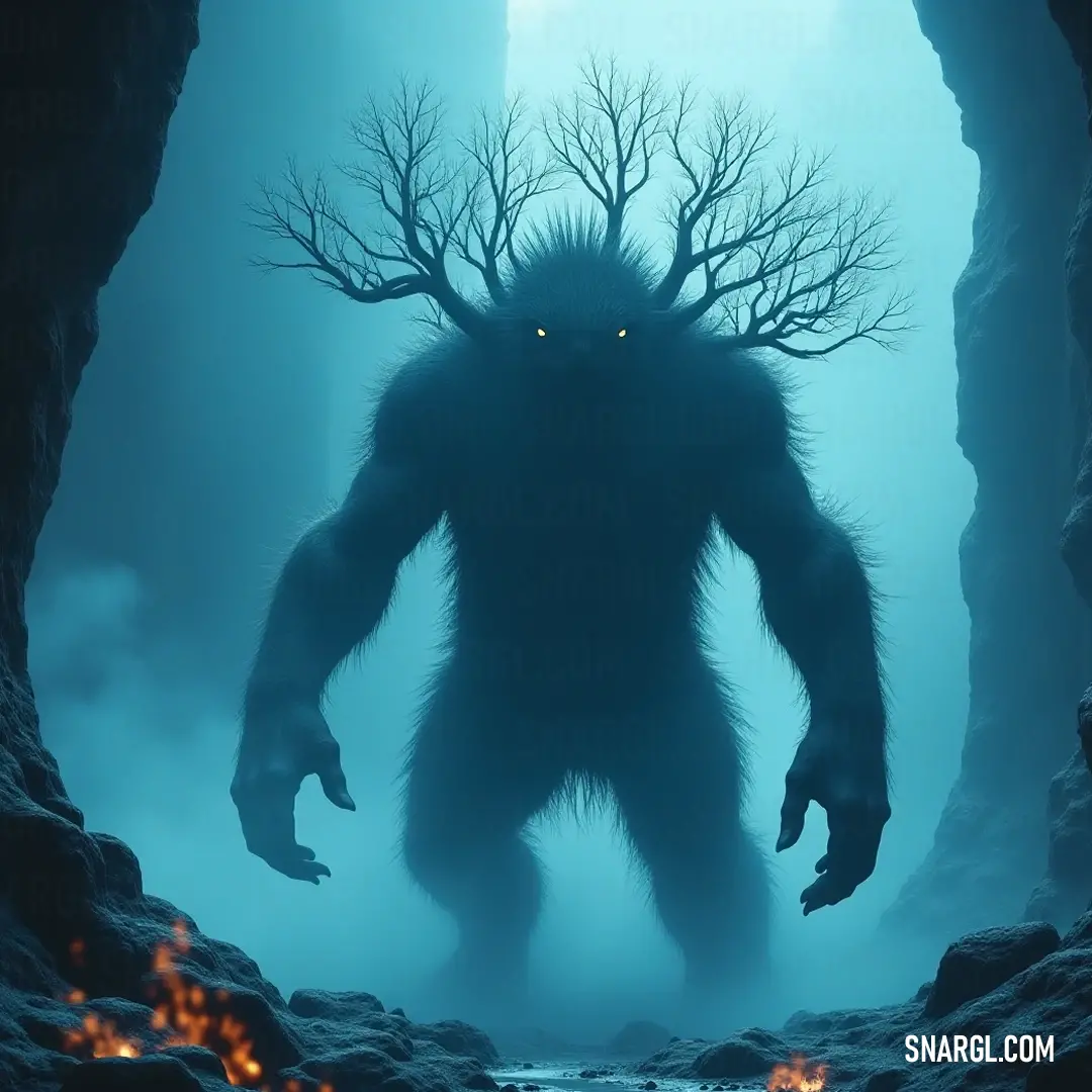A formidable Giant Boughkeeper lurks in the shadows of a cave, its eerie glow illuminating hidden secrets, presenting an enigmatic figure shrouded in nature's wildness. The Giant Boughkeeper stands ominously in a dimly lit cave, its glowing eyes revealing a face etched with mystery, as shadows dance around it, creating an eerie yet captivating atmosphere.