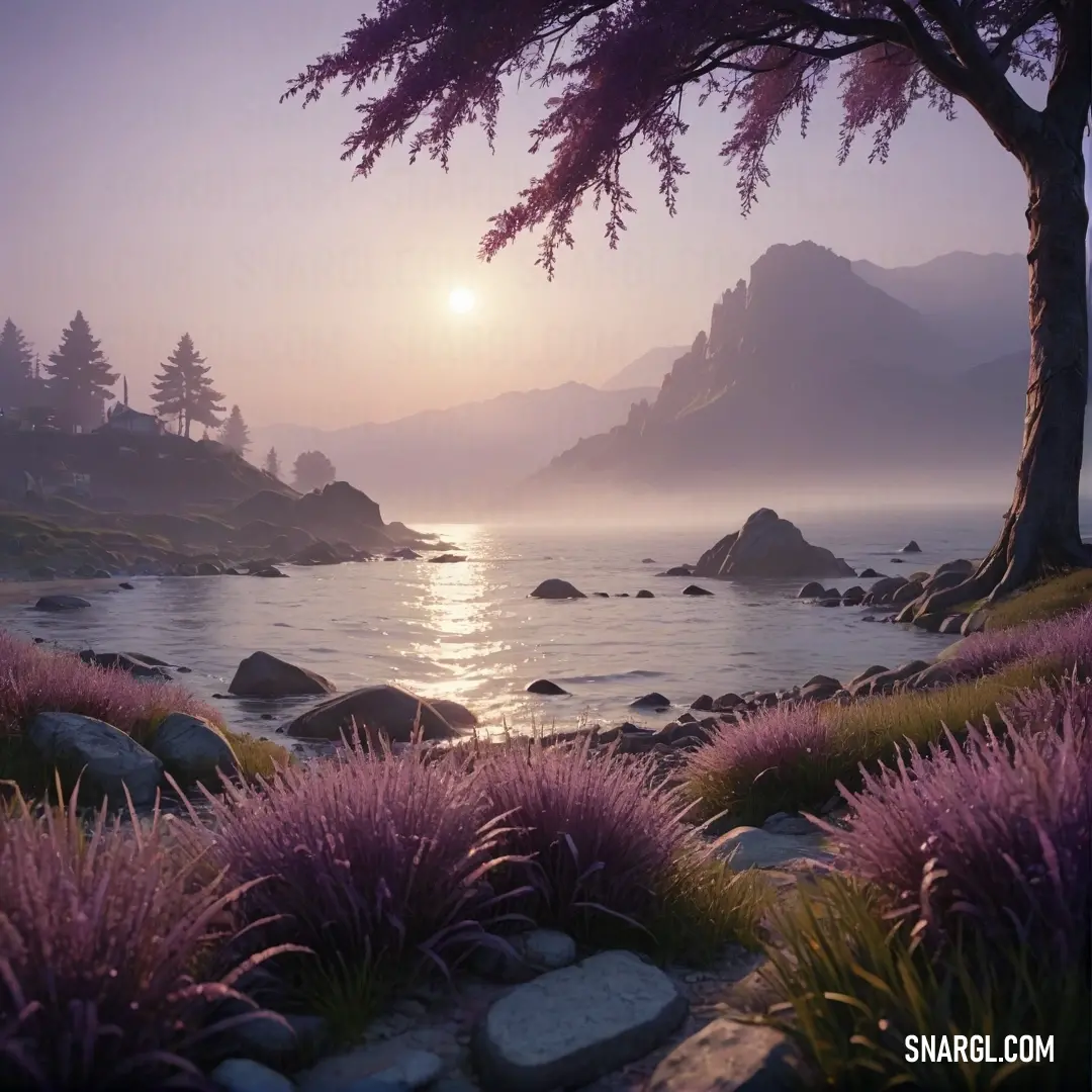 Beautiful sunset over a lake with purple flowers and rocks in the foreground. Example of #873260 color.