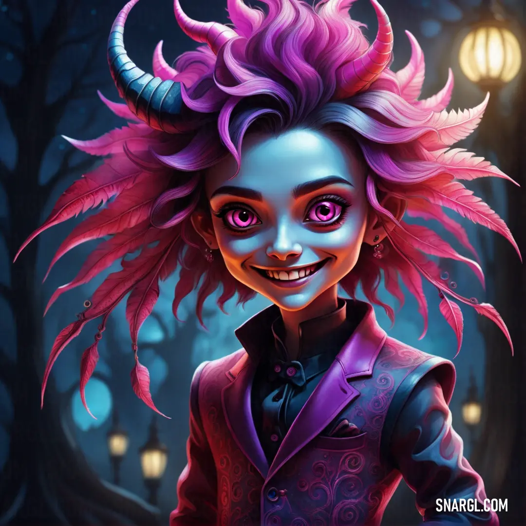 Cartoon character with purple hair and horns on her head. Example of Boysenberry color.