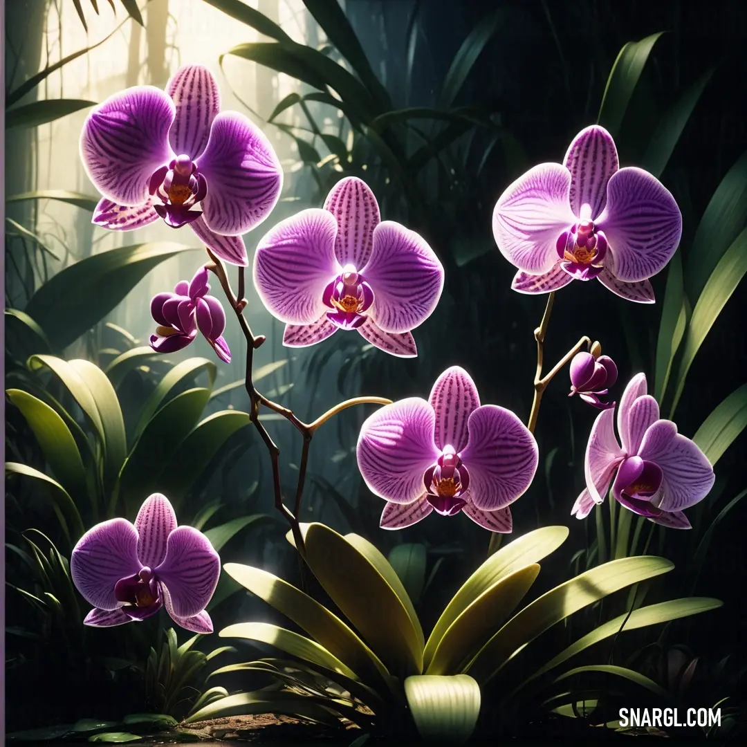 Painting of purple orchids in a tropical setting with foliage and sunlight shining through the leaves of the plant
