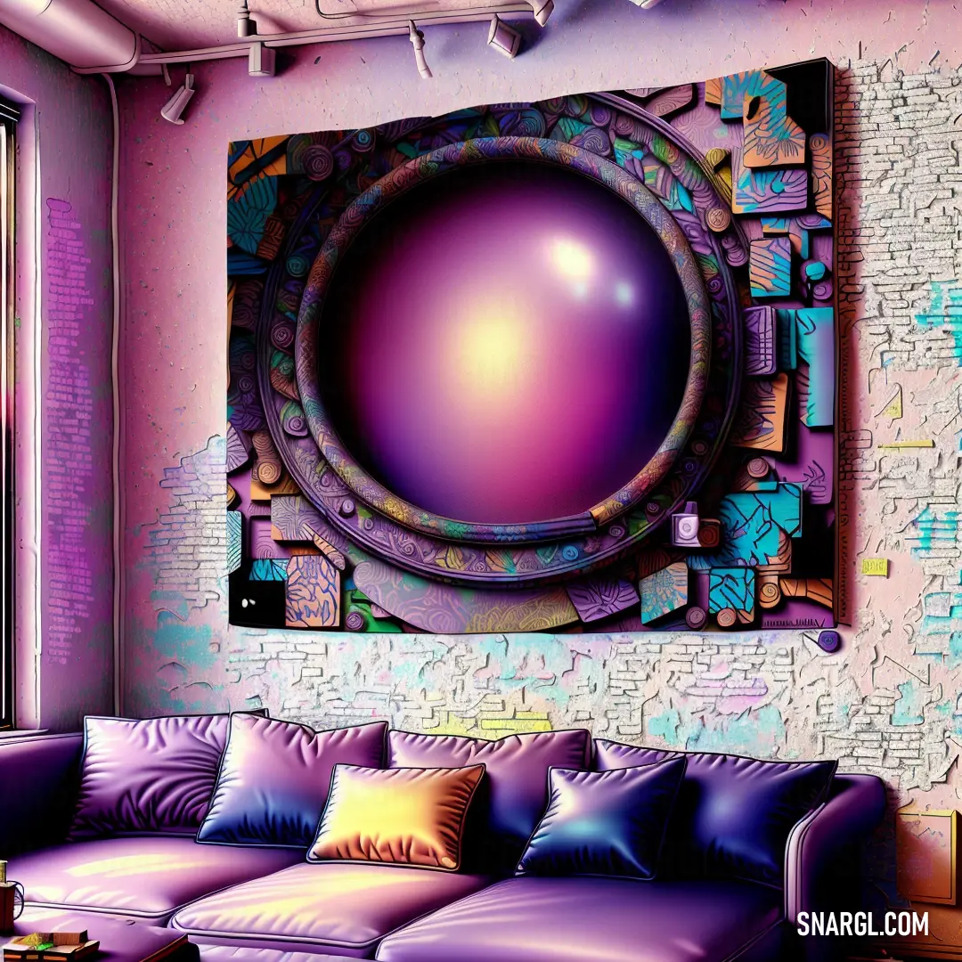 Living room with a couch and a painting on the wall above it that has a purple sphere on it