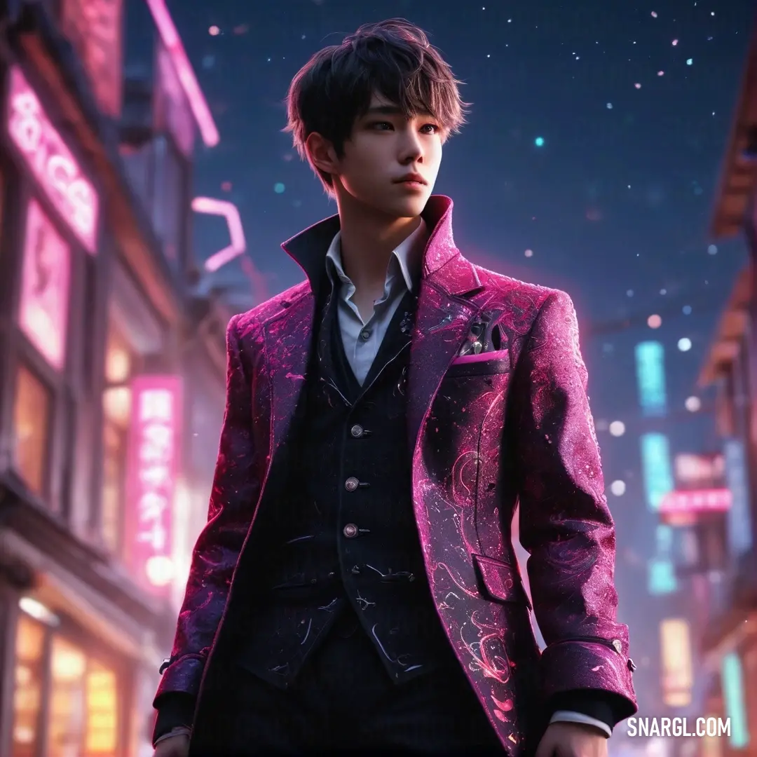 Boysenberry color example: Man in a suit and tie standing in a city at night with neon lights on the buildings