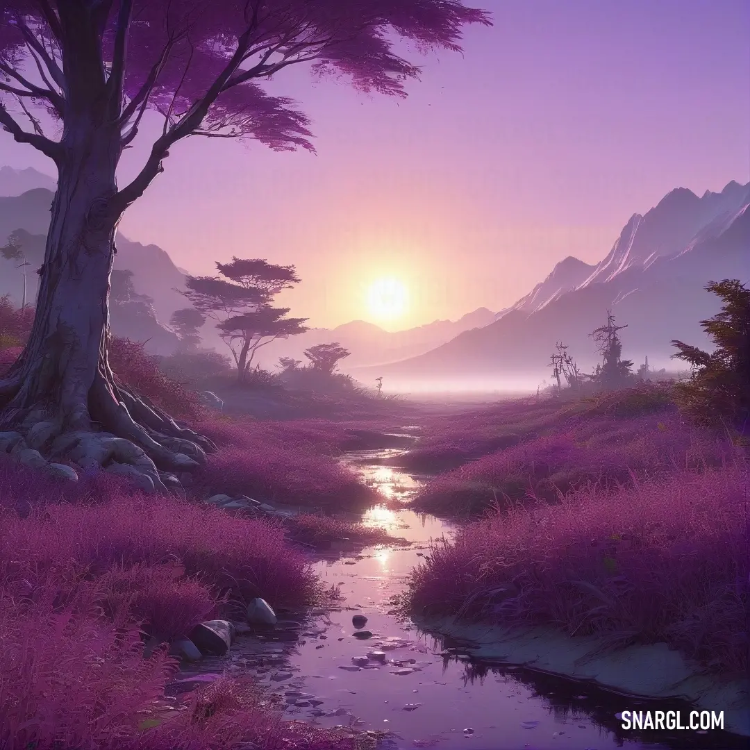 Boysenberry color. Painting of a stream running through a field with a tree in the background