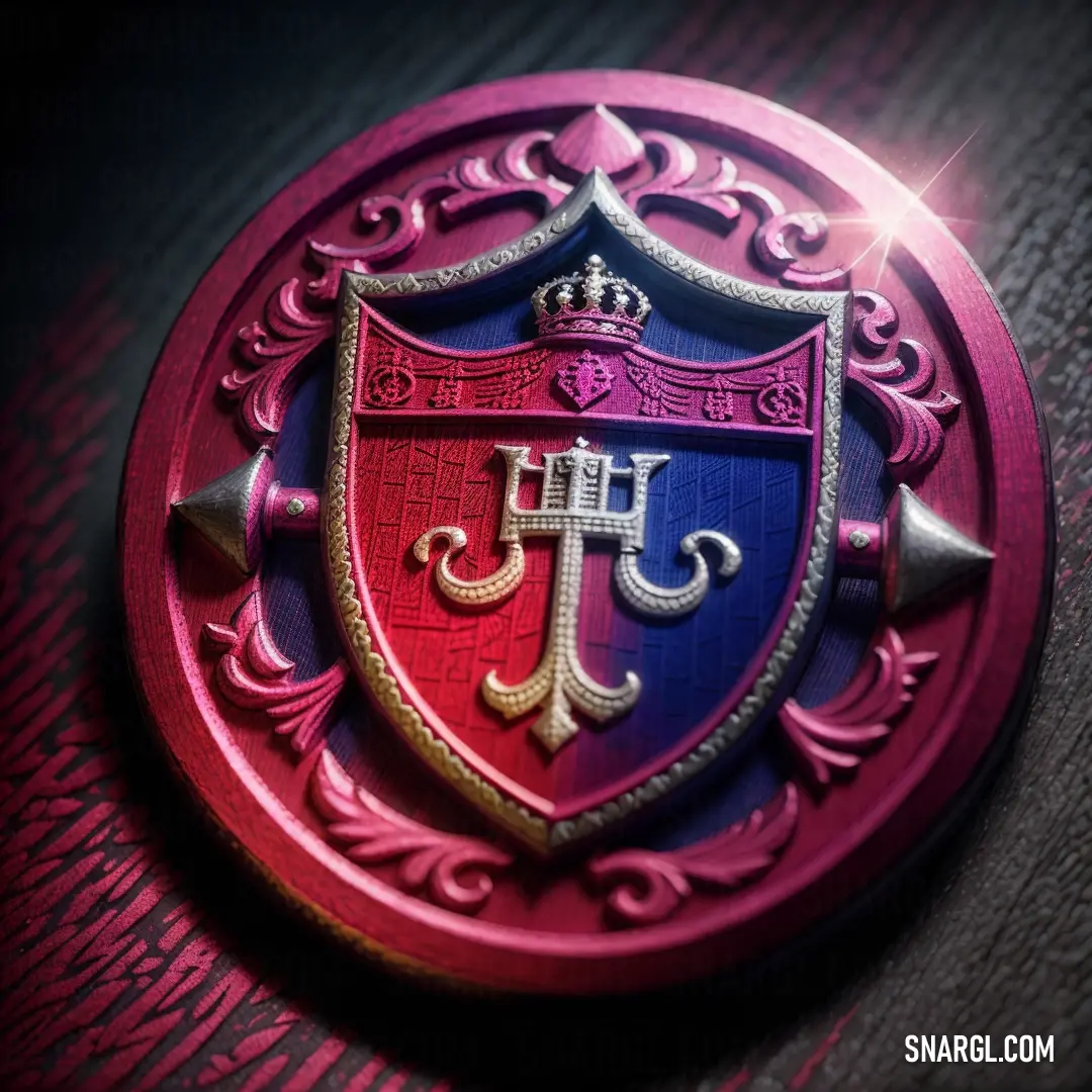 Red and blue shield with a crown on it on a table with a black background and a red