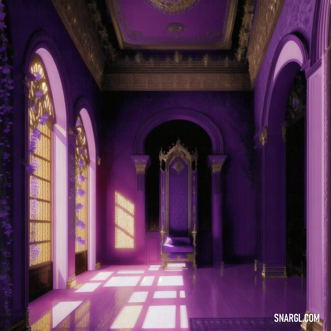 Room with a purple wall and a purple chair in the middle of it with a purple light coming through the windows