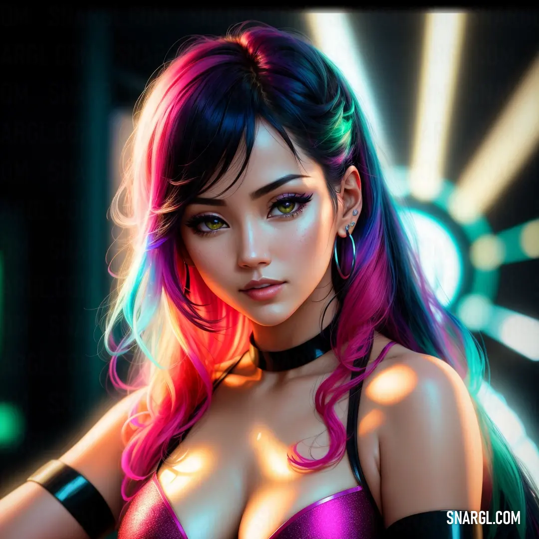 Woman with pink hair and a black bra top with neon lights on her chest