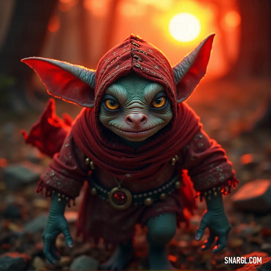 A small toy with bright red clothing and tiny horns on its head sits on a surface, its glowing eyes and mischievous expression adding a sense of playful mystery to the scene.