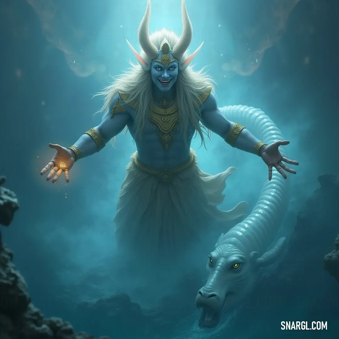 A powerful god, striking with majestic horns and a mystical facade, stands confidently in the water, arms extended as though to command the very elements, embodying an ancient aura of power and mystery. A formidable deity adorned with intricate horns and a captivating demon face, standing powerfully in still waters, arms wide open as if inviting the forces of nature to embrace him in an ethereal realm.
