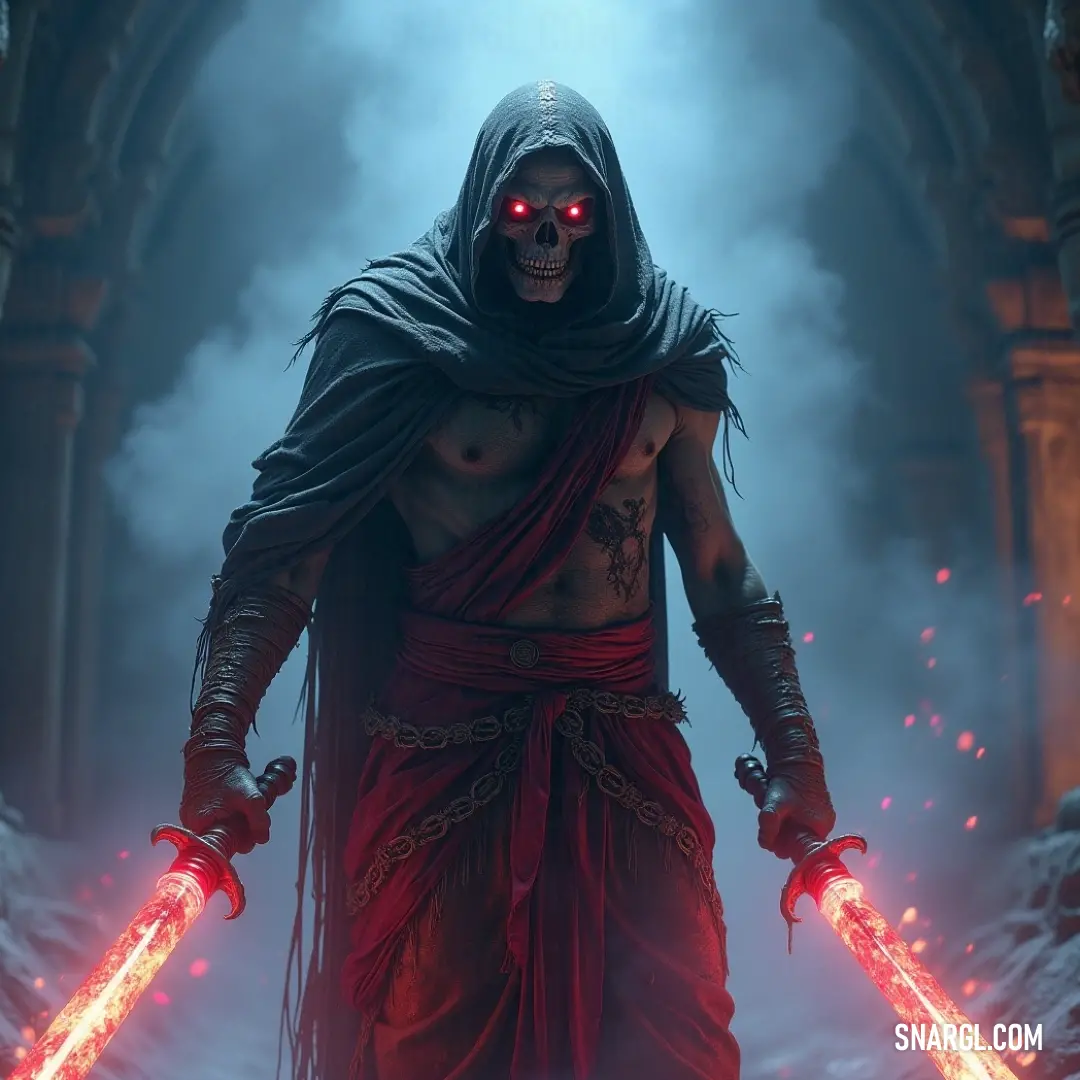 A menacing Brain Eater with a glowing red eye and hood, brandishing two mysterious lights, stands vigilant in the dark. A fearsome Brain Eater looms with a vivid red eye that glows menacingly from beneath its hood, gripping two eerie lights as it stands alert in the shadows. The air around it pulses with danger, illuminating the sinister figure.