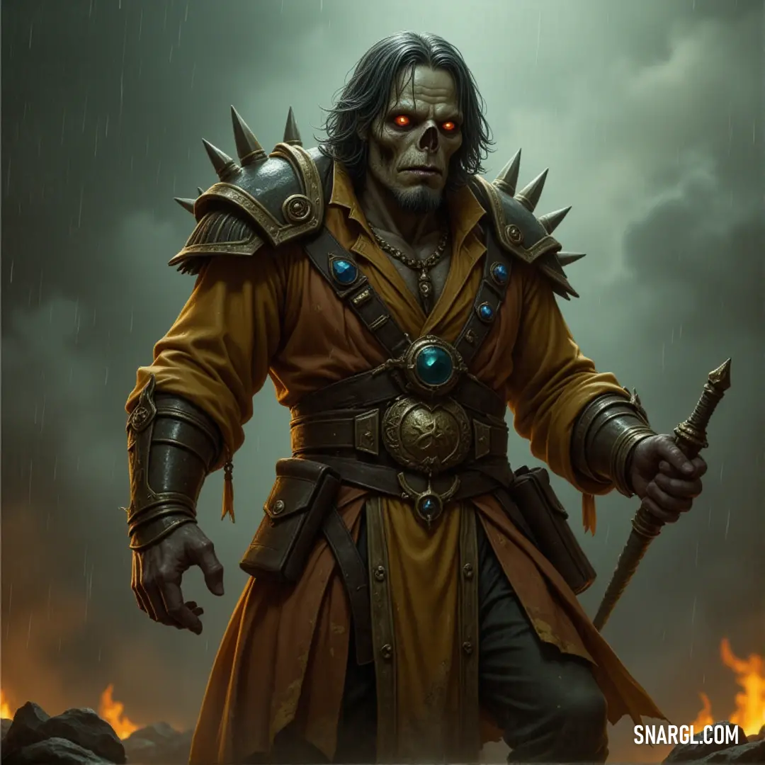 Brainchewer with a sword and a demon face, standing under a stormy sky. A Brainchewer, its face twisted into a demon-like visage, stands confidently with a sword in hand, the dark sky above and stormy clouds adding to the foreboding scene.