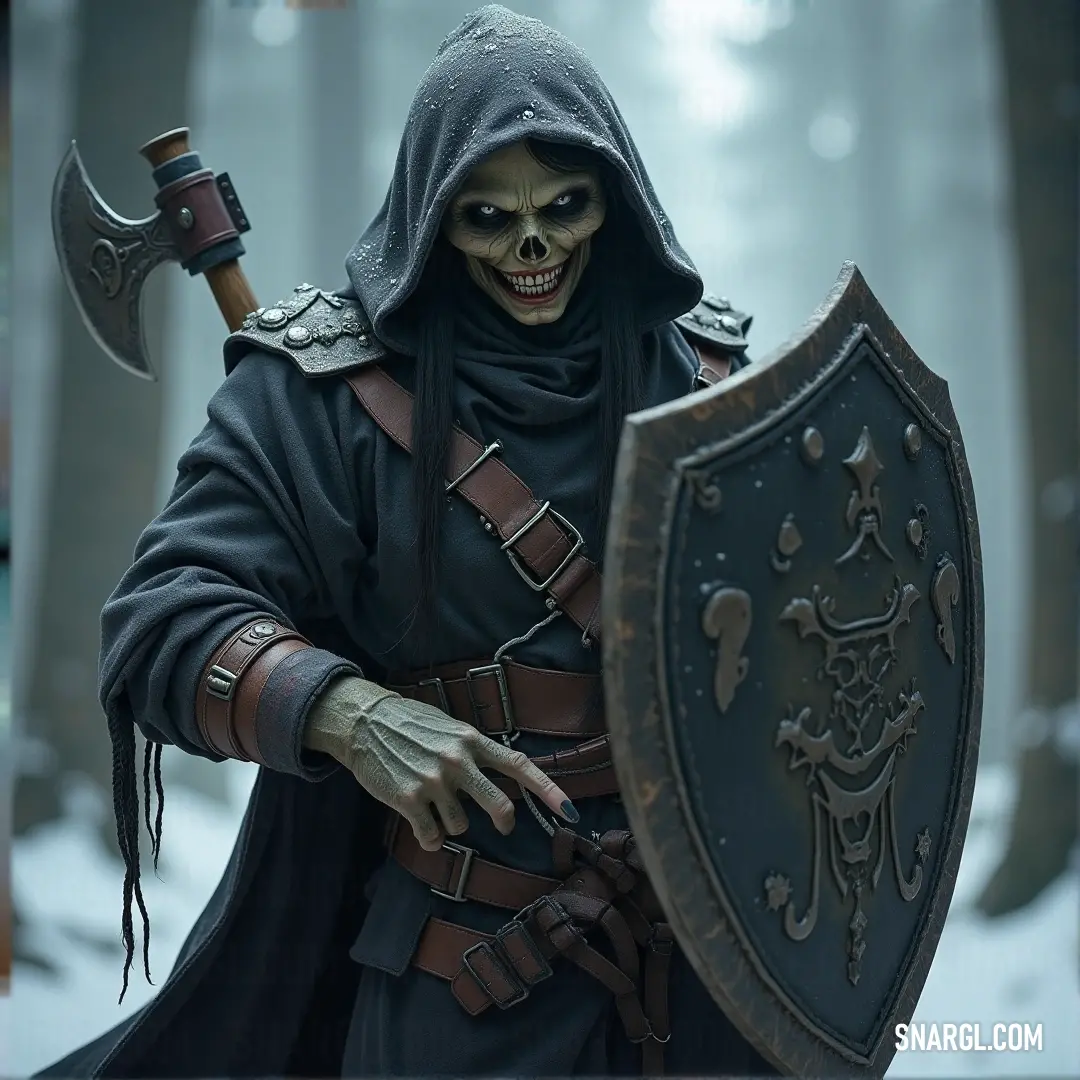 A Brainsucker in a hooded costume holds a sword and shield in a snow-covered forest, standing tall among the frozen trees, poised for action in the biting cold. A hooded figure, a Brainsucker, stands in a snowy forest, gripping a shield in one hand and a sword in the other. The towering trees surround him, their branches heavy with snow, as he gazes into the distance, ready for battle.