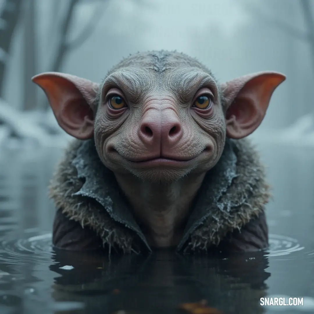 A sorrowful being with a smooth, hairless head and a hood gazes melancholically from the water, its large eyes reflecting the depth of emotion, as the water ripples gently around it, creating a serene yet poignant scene.