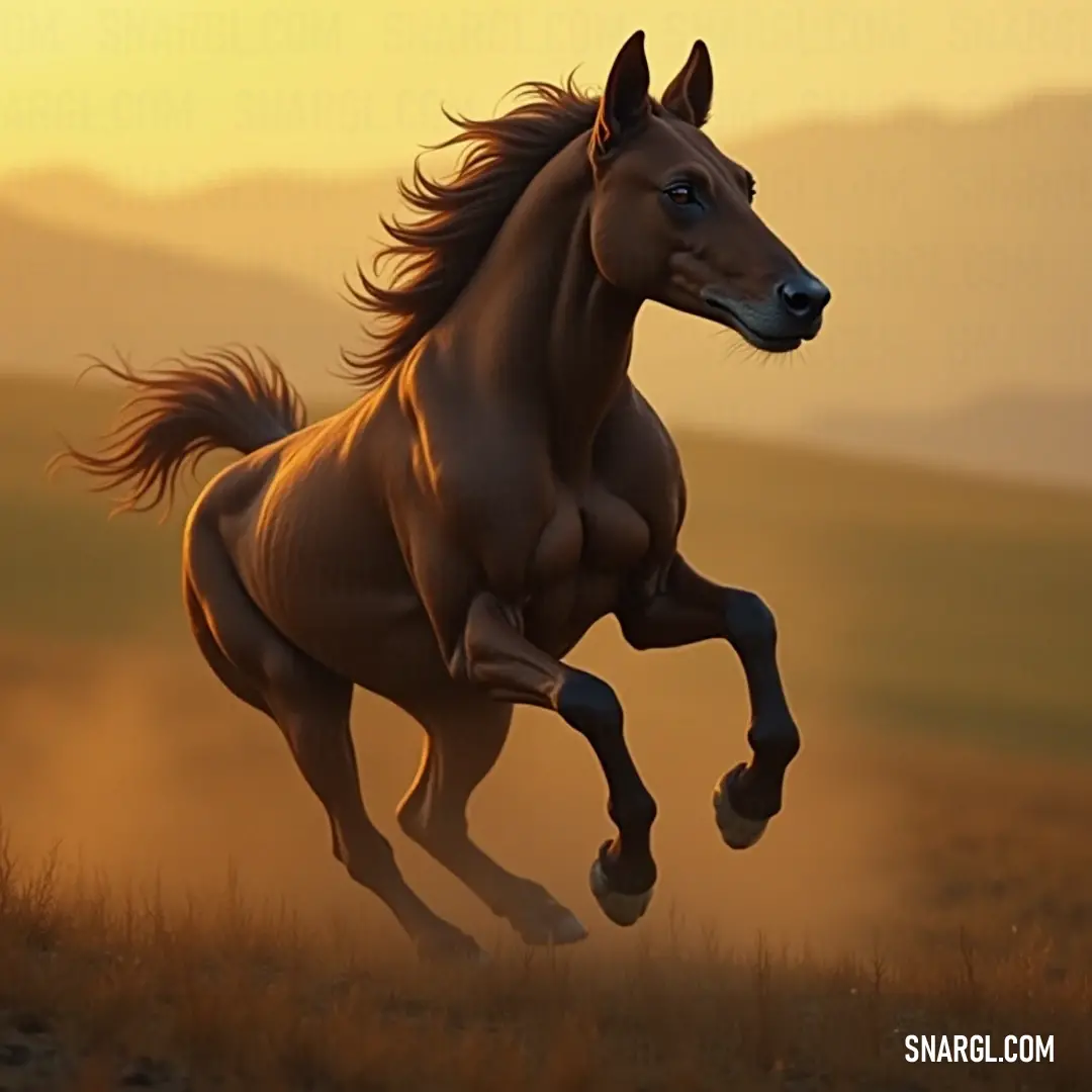 Bran in motion across a breathtaking field at twilight, framed by majestic mountains and a radiant sky. Bran sprints joyfully across a vibrant field kissed by the warm hues of sunrise or sunset, with majestic mountains standing tall against the colorful skyline.