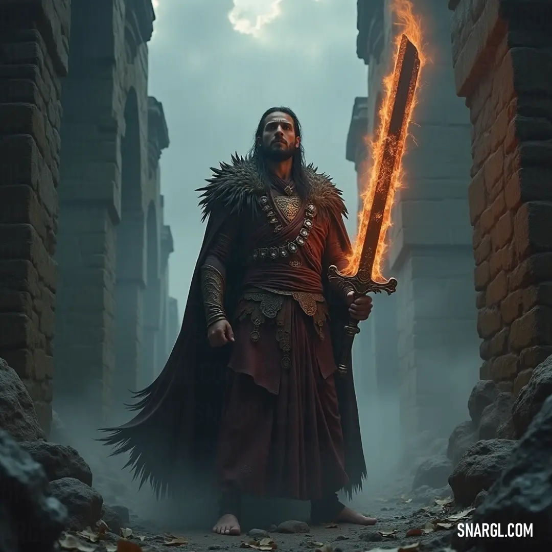 A bold warrior in red brandishes a sword in an ancient stone archway, set against a dramatic sky. Clad in an elegant red robe, a fierce warrior wields a sword while standing confidently in a stone archway. Behind them, the sky transforms into a canvas of deep blues and whites, framing a scene that resonates with courage and strength.