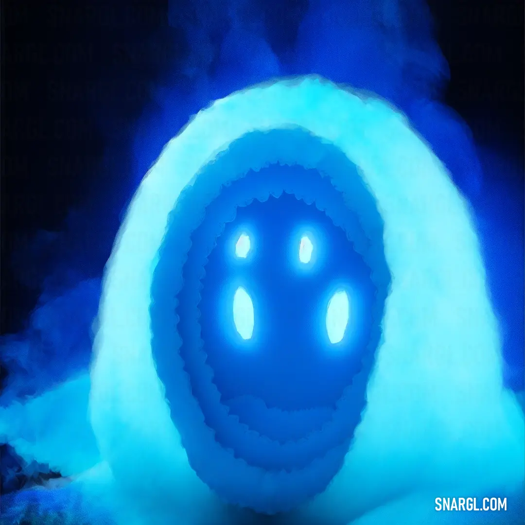 Blue object with a face in the middle of it's body and eyes glowing in the dark