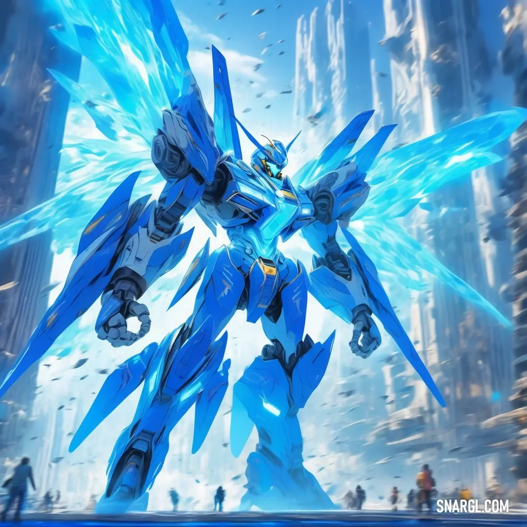 Brandeis blue color. Robot like character with wings and wings on his back