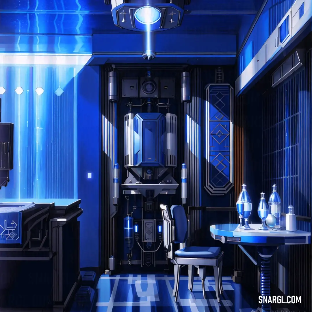 Room with a table and chairs and a blue light coming from the ceiling