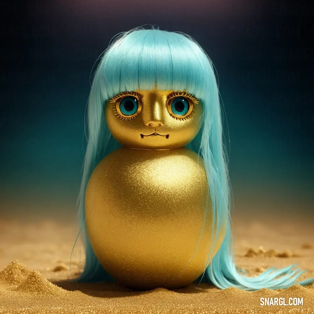 Gold doll with blue hair and a blue wig on a beach with sand. Example of RGB 181,166,66 color.