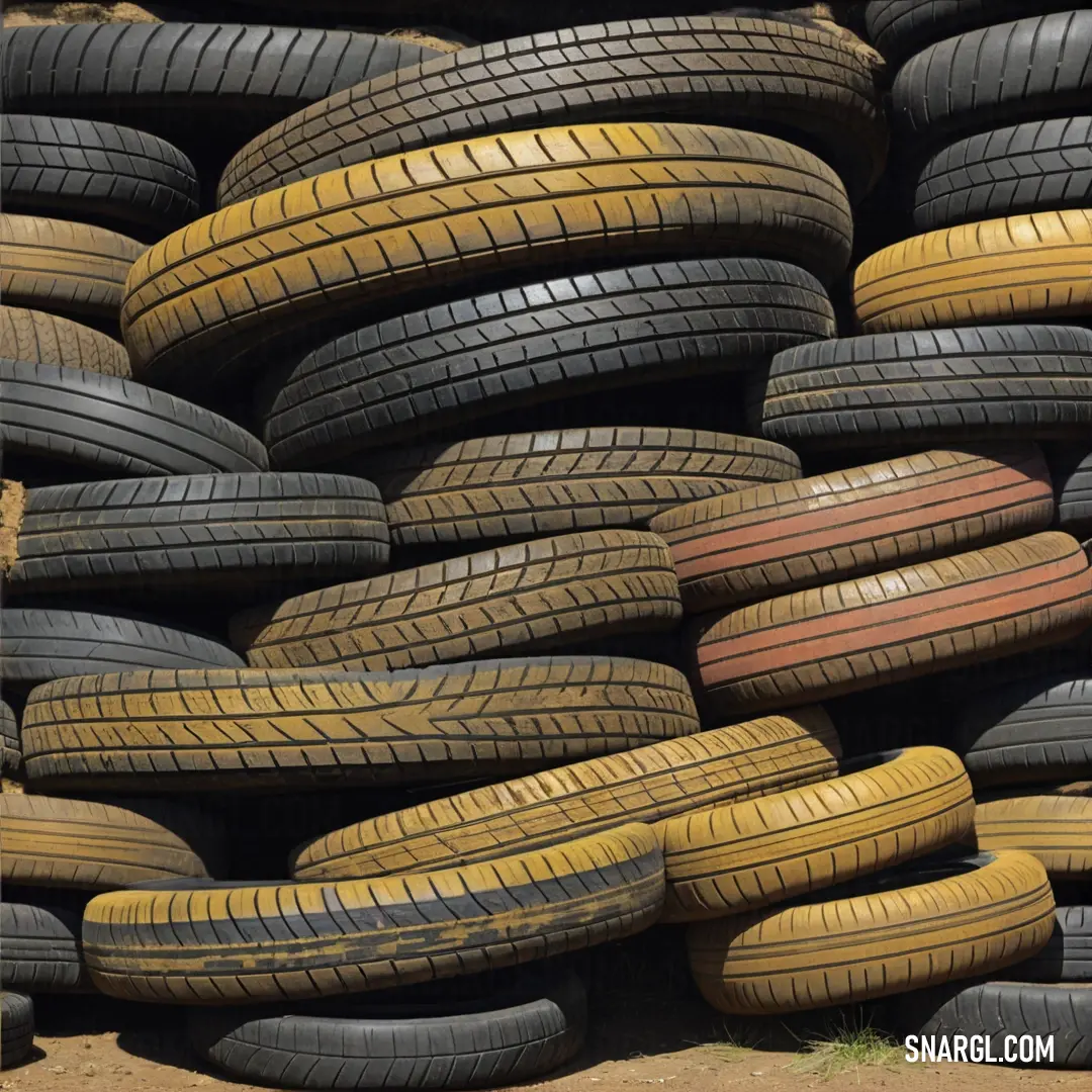 Brass color. Pile of tires stacked on top of each other on the ground in a pile on the ground is a yellow tire