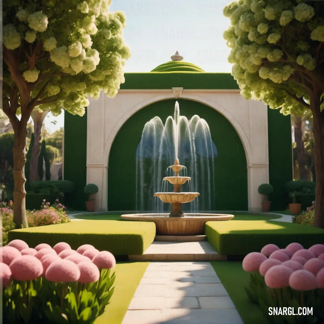 Fountain surrounded by trees and flowers in a garden area with a green archway and white walls. Color RGB 181,166,66.
