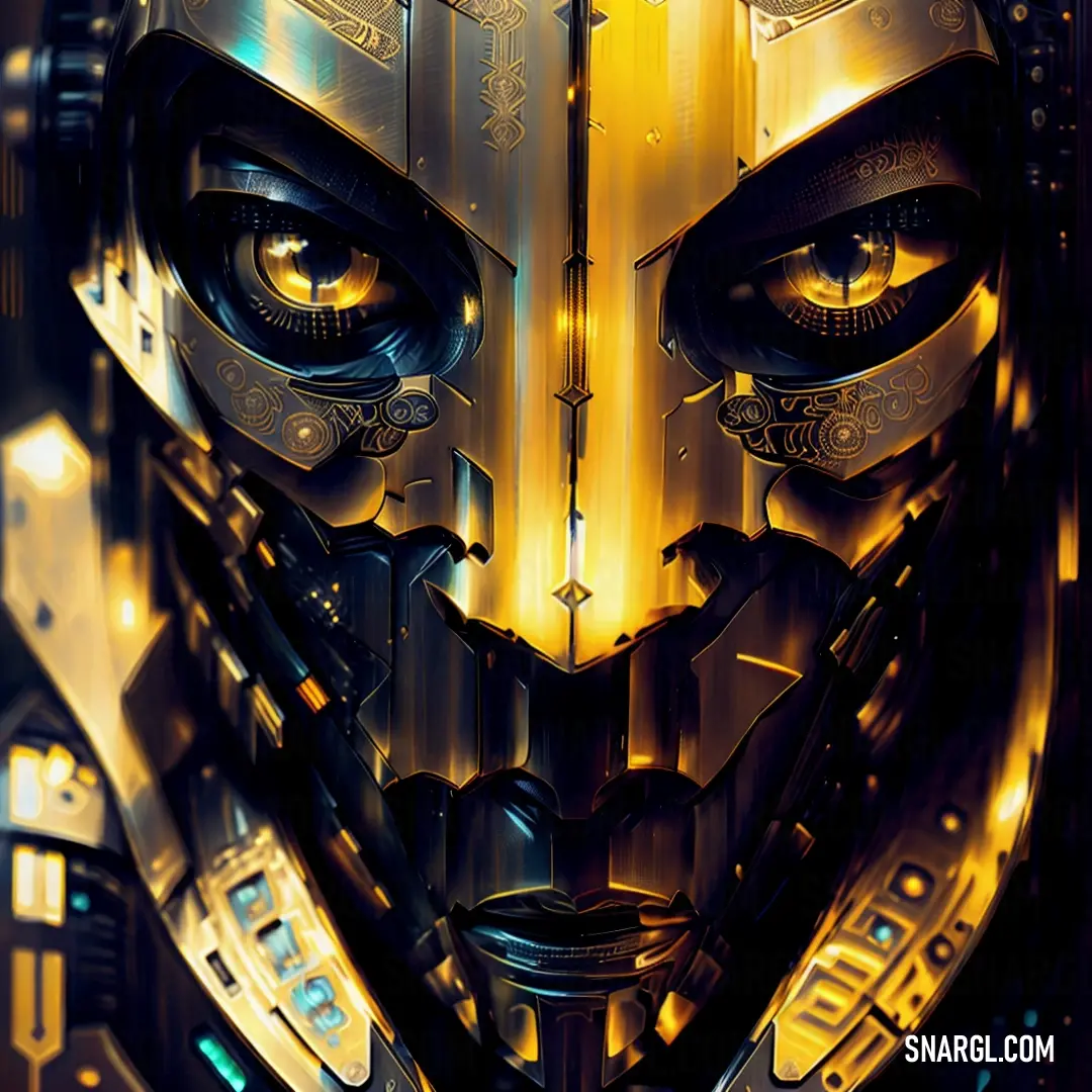 Futuristic looking robot with glowing eyes and a gold mask on his face and a black background with gold and blue details