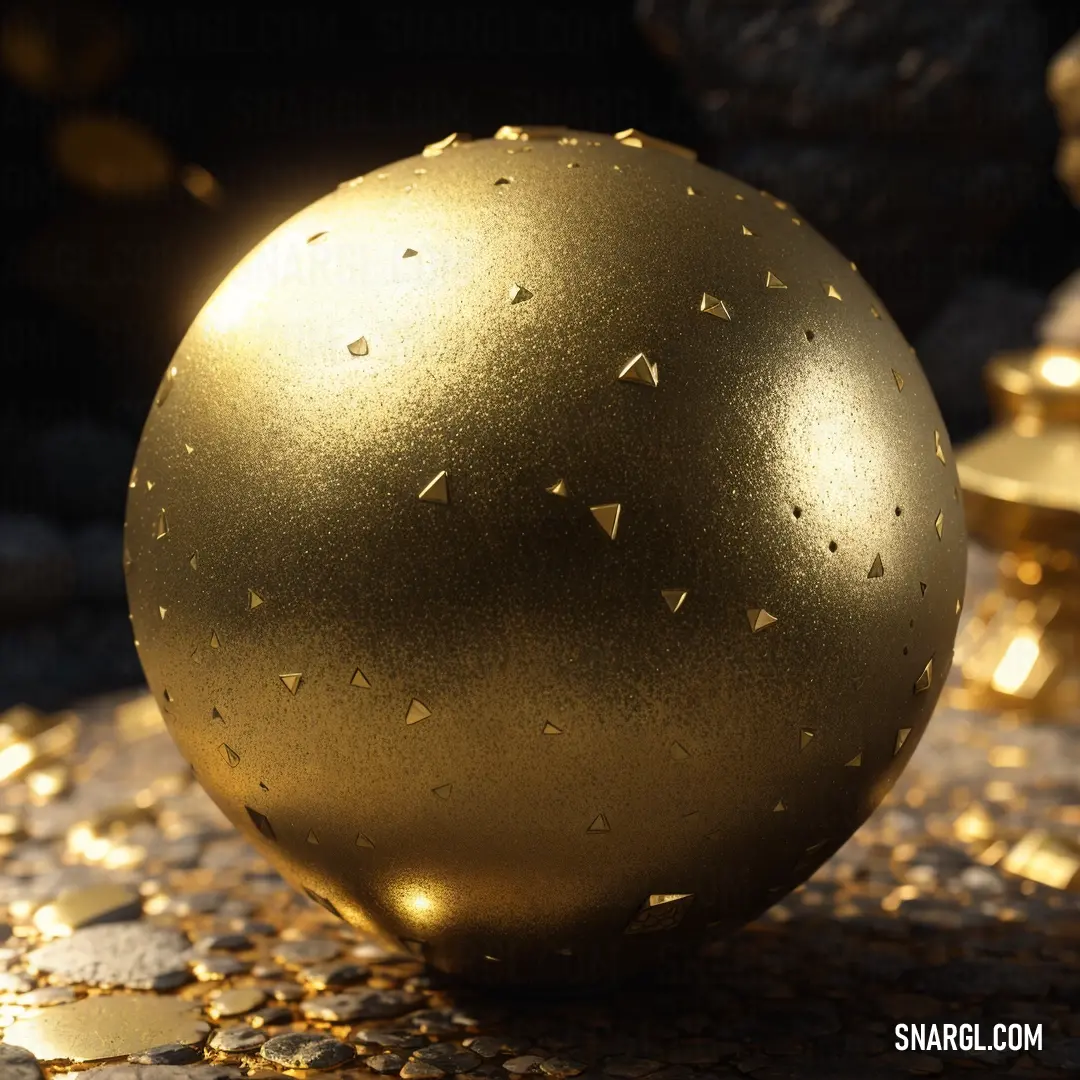 Gold ball with gold speckles on it on a table next to a pile of gold coins