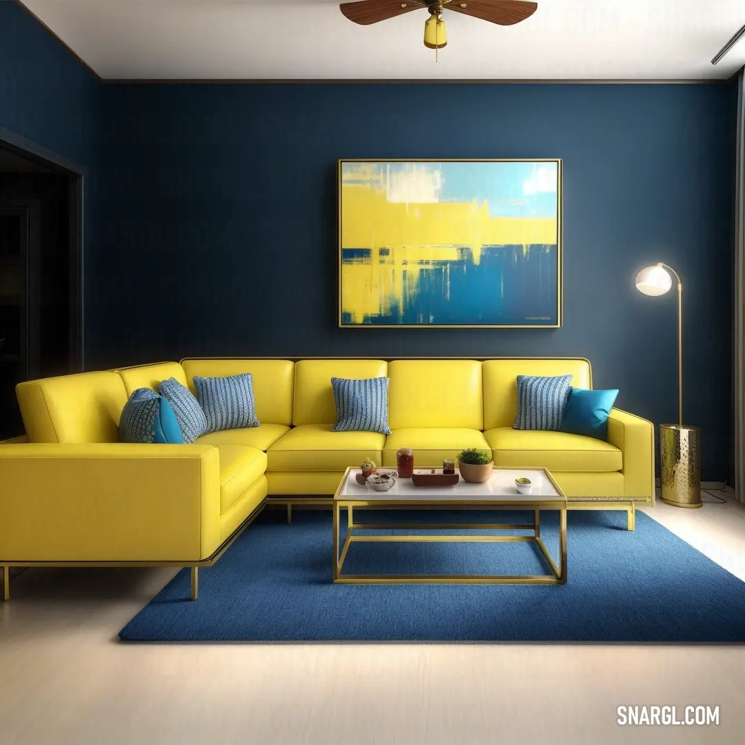 Living room with a yellow couch and blue rugs and a ceiling fan in the corner of the room