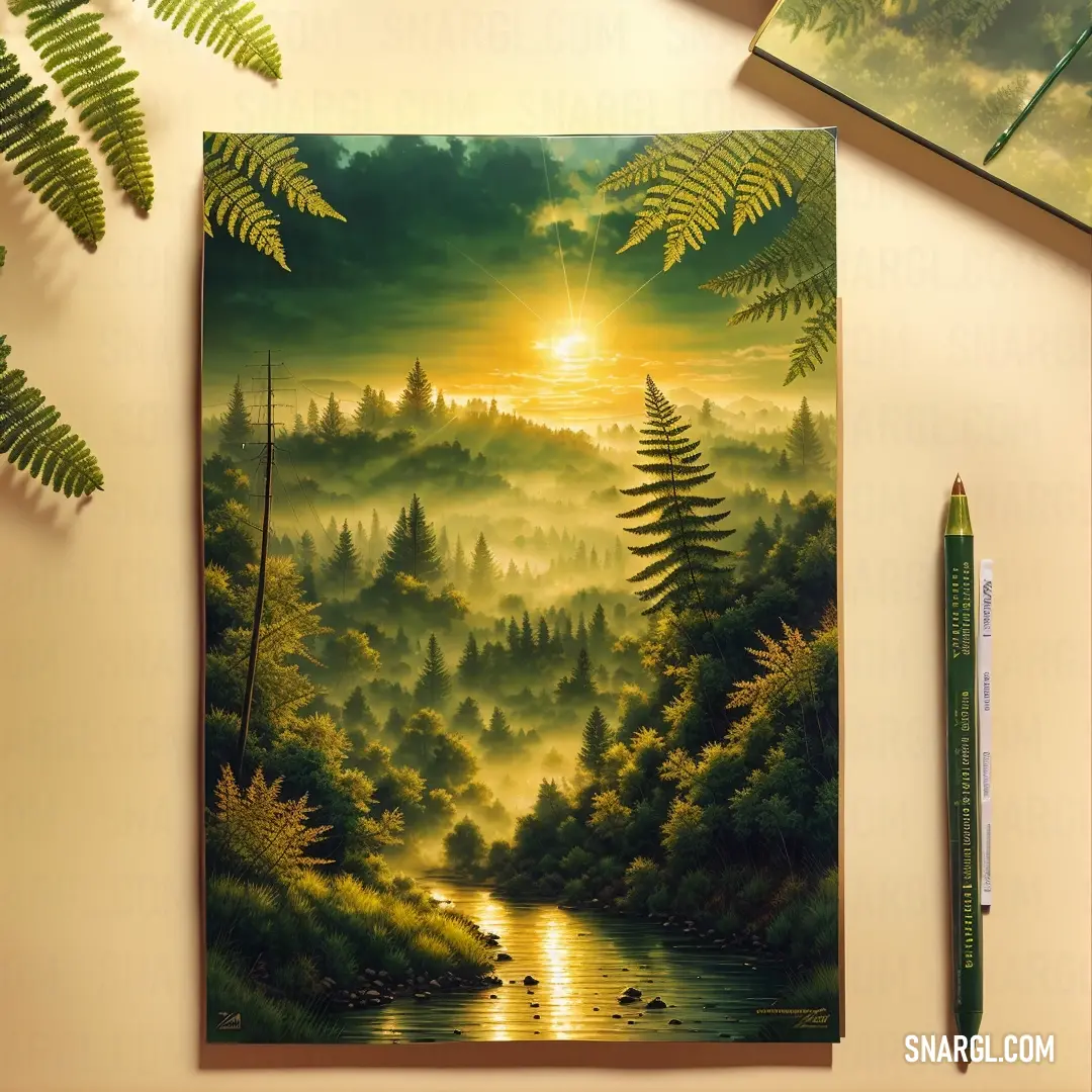 Painting of a forest scene with a river and trees in the background and a pencil on the table