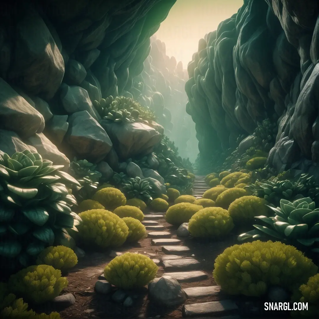 Painting of a path leading to a cave with rocks and plants on either side of it. Example of #B5A642 color.