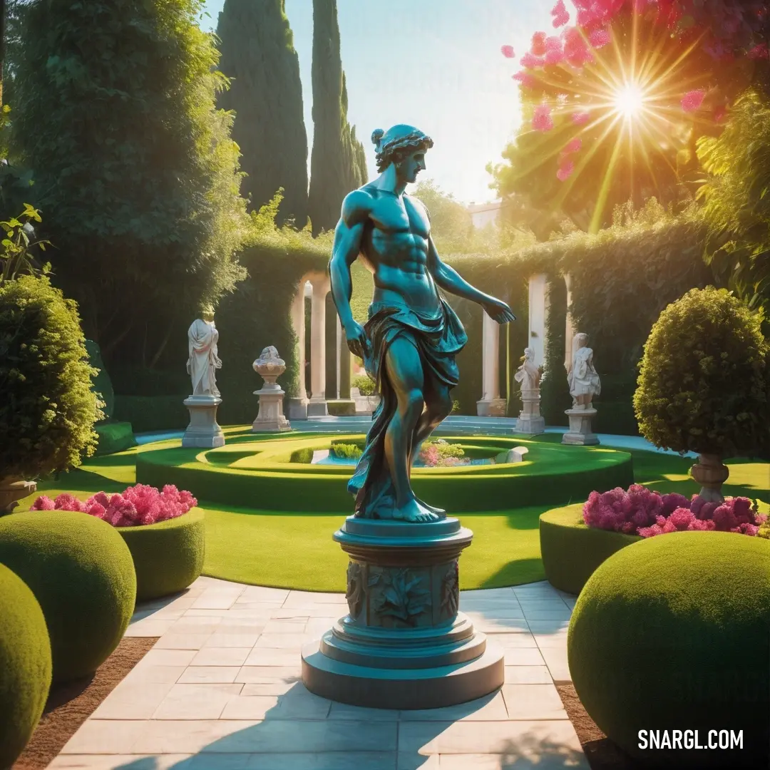 Statue of a man in a garden surrounded by bushes and trees with a sun shining behind it and a green lawn. Color RGB 181,166,66.