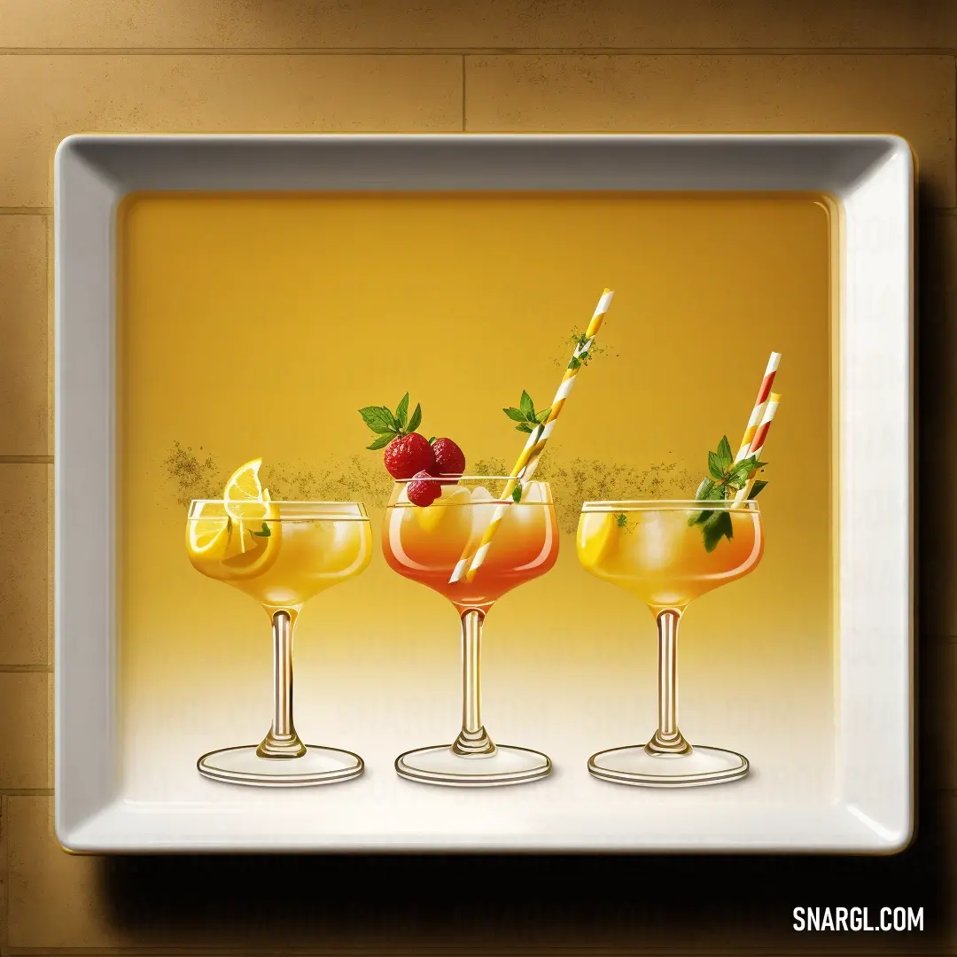 Three glasses of different types of drinks on a plate with a brick wall behind them and a white square frame