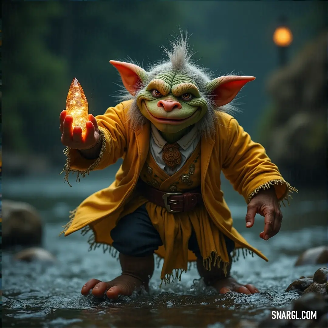 A powerful figure named Brawn stands confidently in a flowing river, holding a glowing candle in one hand. The serene scene is framed by large rocks and trees, their reflection rippling in the water's surface, creating a peaceful yet mysterious atmosphere