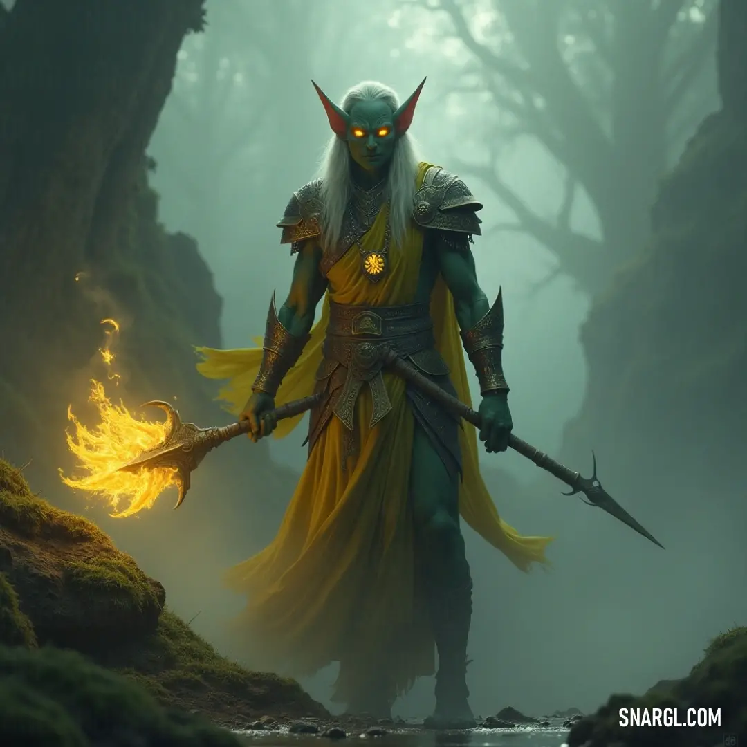 A dramatic scene showing a character with a horned head, brandishing a glowing fire stick, enveloped by an ancient forest alive with shadows, where the interplay of light and darkness creates an exhilarating aura of mystery and primal energy.