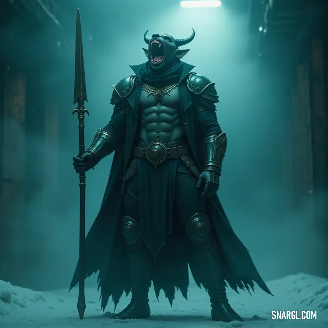 A fierce warrior in a horned costume wielding a spear and holding a horned head, with a horned face emblazoned on his chest, exuding an aura of battle-ready might. A warrior dressed in a horned costume stands proudly, holding a long spear in one hand and a grotesque, horned head in the other. The warrior’s chest is adorned with a face etched in horns, symbolizing power and strength.