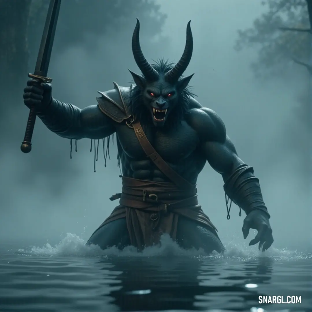 Briar, sword in hand, stands in a serene yet mysterious lake, surrounded by fog and silent waters. The atmosphere is thick with anticipation, as if something legendary is about to unfold. A lone figure, Briar, stands knee-deep in the still waters of a misty lake, sword raised high. The soft fog blankets the landscape, adding an eerie yet majestic atmosphere to the scene as shadows dance across the water's surface.