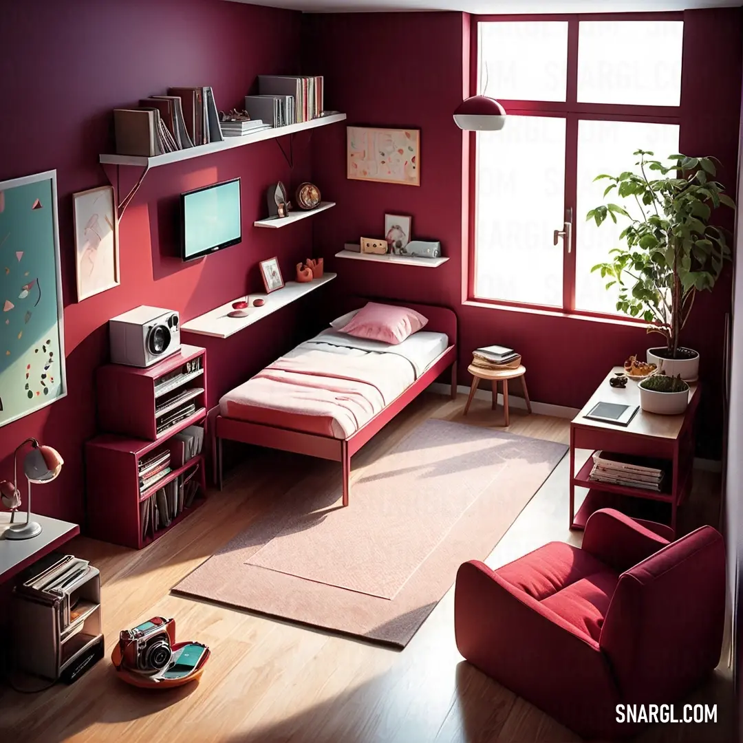 Bedroom with a bed, desk, chair. Color Brick red.